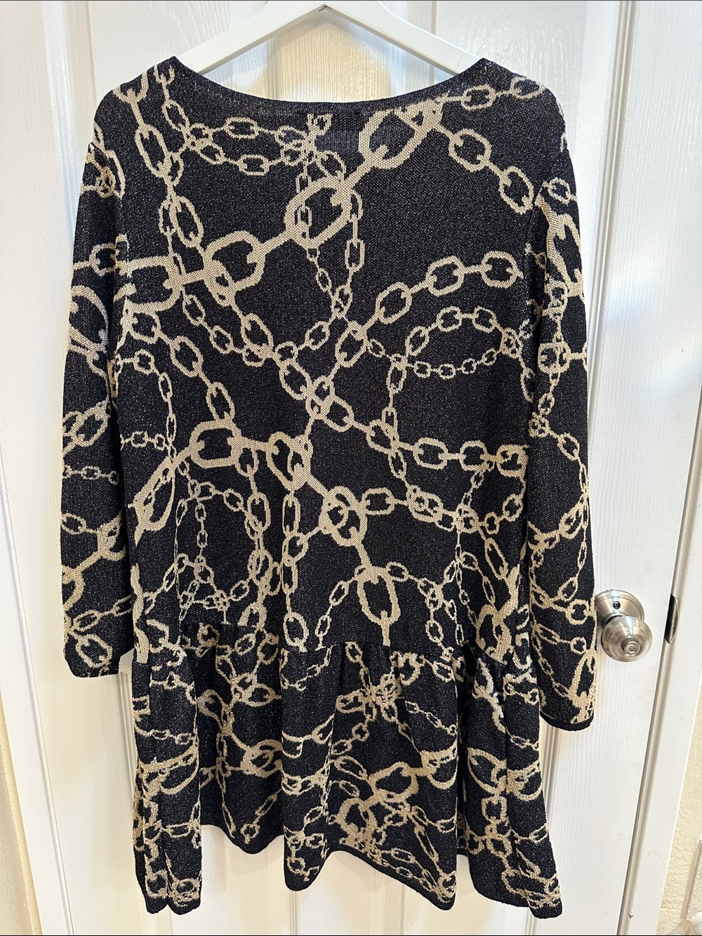 Zara Black and Cream Chain-Print Long-Sleeve Dress